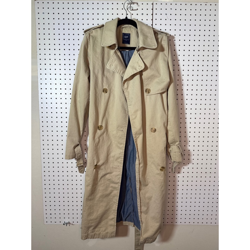 Gap Womens XL Khaki Double Breasted Maxi Trench Coat Belted Lined Outerwear